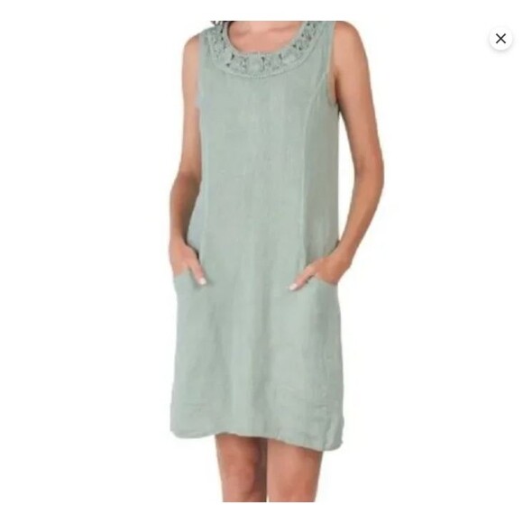 Lungo L'Arno Linen Sleeveless Shift Dress-Small-Lattice Yoke-Pockets-Sage Green - Picture 1 of 10